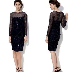 Tadashi Shoji Lace Sequin Ruched Illusion Long Sleeve Dress Sz Large Black NEW‎